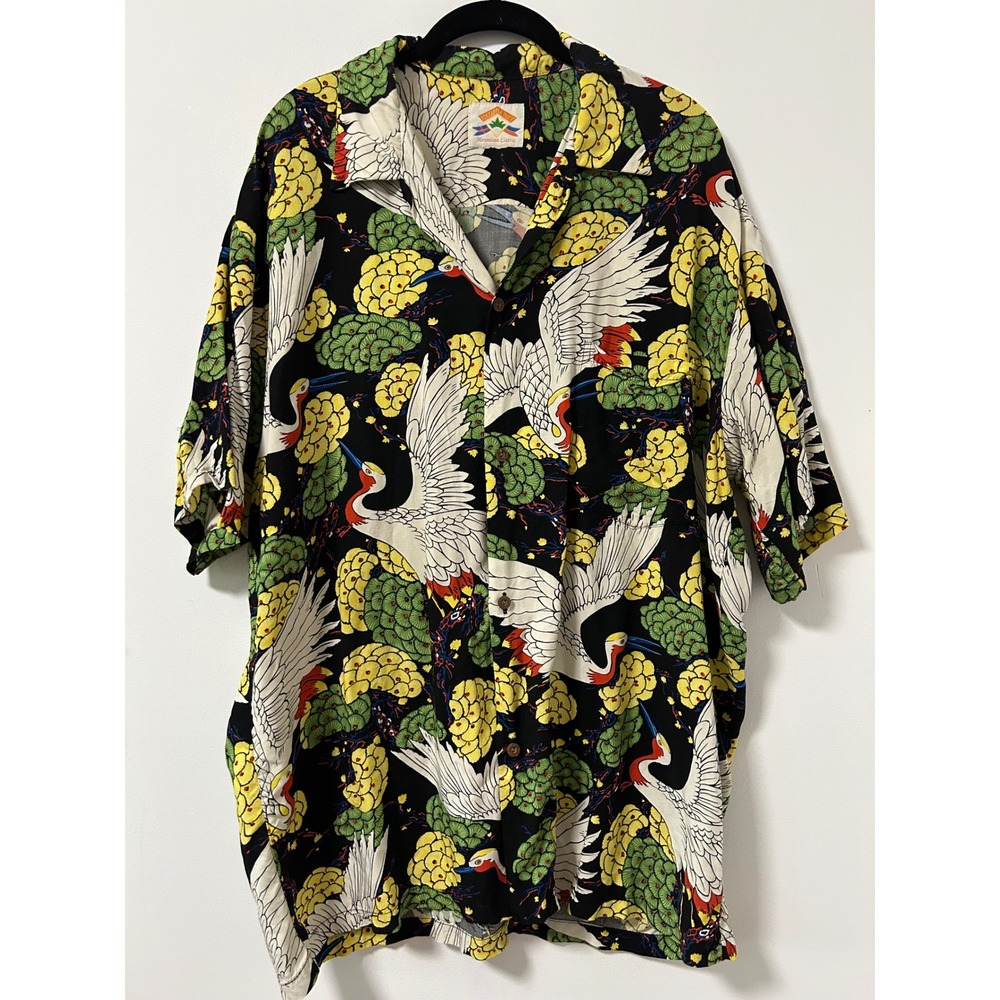 Pineapple Juice Crane Print Hawaiian Shirt Mens XL Black Tropical Maximalist